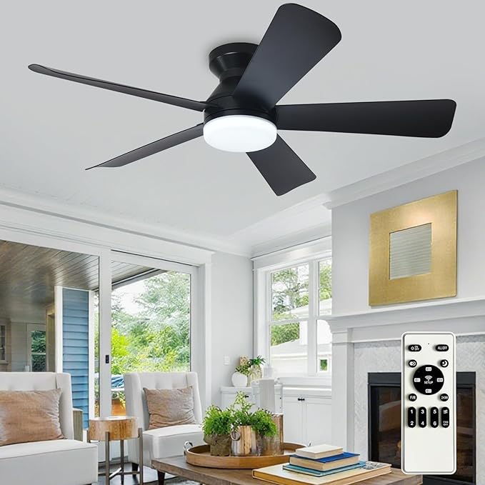 Depuley Modern Ceiling Fan with Light: 42-Inch Black Small Fans for Bedroom Indoor Outdoor - Dimmable Low Profile Ceiling Fans with Remote Control Flush Mount 5 Reversible Black Blades 6 Speeds Timer