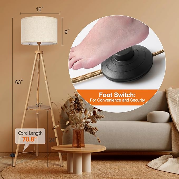 OUTON Tripod Floor Lamp with Shelves, Mid Century Dimmable Wood Floor Lamp with Remote Control, 4 Color Temperatures, Standing Tall Lamp with Linen Shade for Living Room, Bedroom, Office, Oak Hardwood