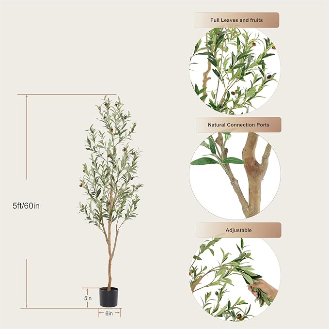 Bellacat Faux Olive Tree 5ft，Olive Trees Artificial Indoor with Natural Wood Trunk and Realistic Leaves and Fruits. 5 Feet(60in) Fake Olive Tree for Home House Office Décor.