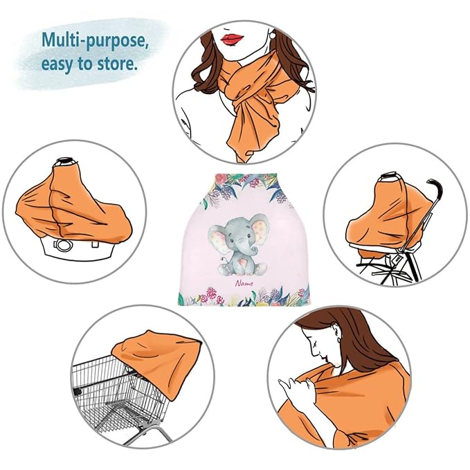 Personalized Multiuse Baby Car Seat Covers and Nursing Cover - Customized Cute Elephant Stroller Canopy with Name, Privacy Breastfeeding Cover Gifts for New Mom Girls Babies