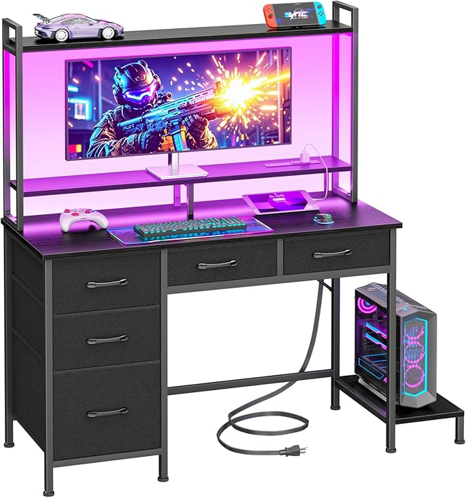 Computer Gaming Desk with Hutch, Home Office Desk with Power Outlets, LED Light, 5 Storage Drawers, 2 Tiers Shelves for Display, 39 Inch Modern Study Writing Table for Bedroom, Black
