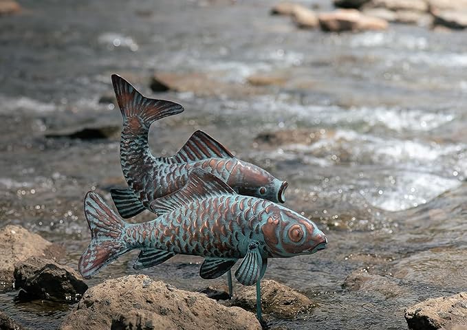 Metal Koi Fish Sculptures, Outdoor Garden Sculptures & Statues, Antique Copper Koi Pond Decor, Set of 2 Koi Fish Figurines Artwork, Garden Statue for Indoor Outdoor Patio Backyard Home Kitchen