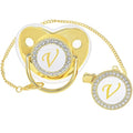 Bling Personalized Golden Baby Pacifier with Pacifier Clips and Anti-dust Cover A-Z 26 Letters(Gold,V)