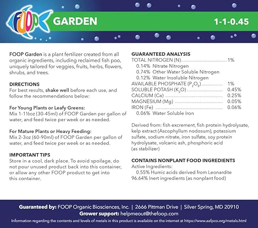FOOP Garden - Organic Liquid Plant Food Made from Fish Manure (with Fresh Minty Scent) | Fish Fertilizer Alternative Perfect for Veggies, Herbs, Flowers,Trees,Shrubs | Kid&Pet Friendly (1 Gallon)