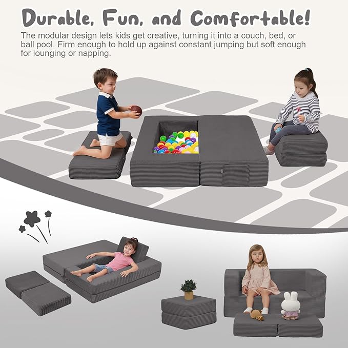 MeMoreCool Modular Kids Couch, Corduroy Play Toddler Couch for Bedroom Playroom Furniture, Convertible Foam Kids Sofa Bed, Fold Out Baby Sofa for Girl Boy, Dark Grey