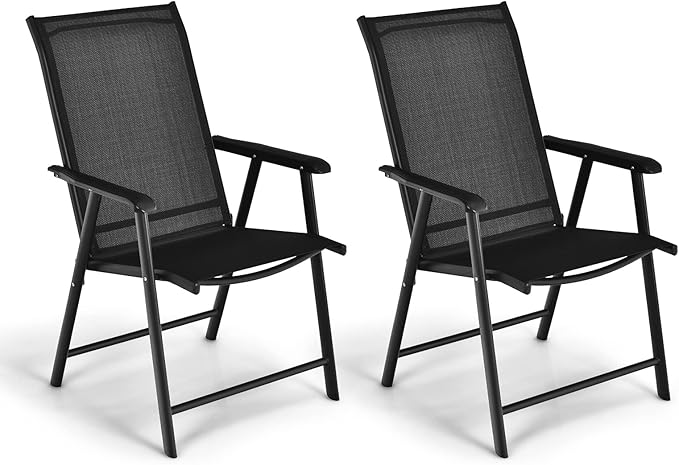 Giantex Set of 2 Patio Folding Chairs, Portable Outdoor Dining Chairs with Armrest for Porch Camping Pool Beach Deck Lawn Garden, Metal Frame, Black