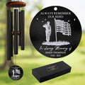 Personalized Military Memorial Wind Chime – “Always Remember Our Hero” Custom Soldier & Flag Design – Engraved Name & Years – Sympathy Gift for Veteran Families – Windchimes for Loss of Loved One