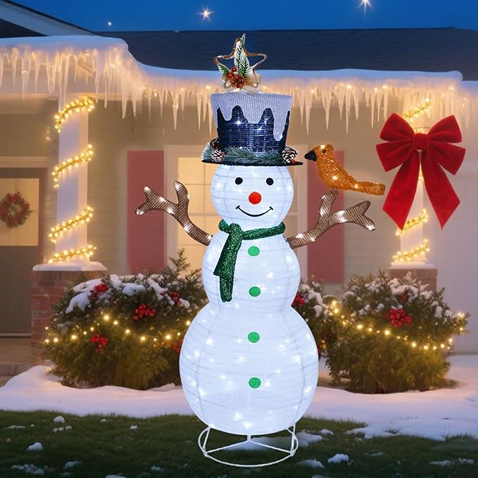 Hausse Lighted Christmas Snowman Decorations, 4.5FT Outdoor Pre-Lit White Collapsible Snowmen with Built-in Lights, Light Up Pop Up Xmas Yard Display, Plug in for Holiday New Year Winter Garden Yard