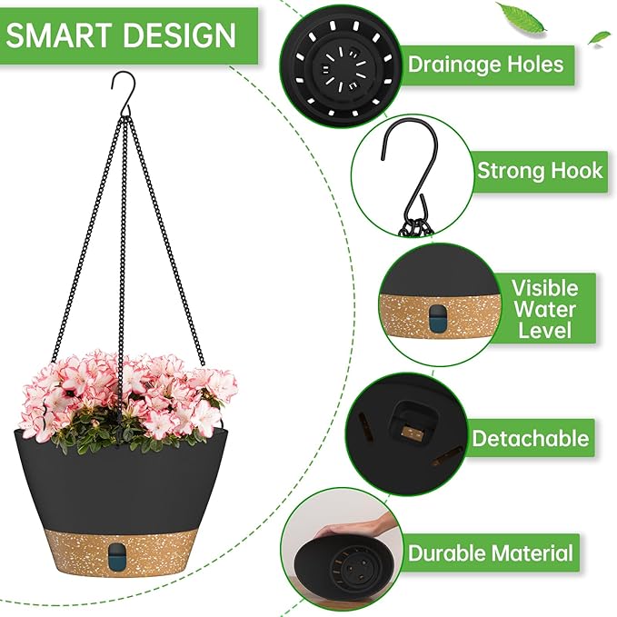 ZMTECH 8 Inch Hanging Planters for Indoor Plants, Hanging Baskets for Plants Outdoor with Visible Water Level, Hanging Flower Pots with Drainage Holes & Removable Tray(2 Pack, Gray)