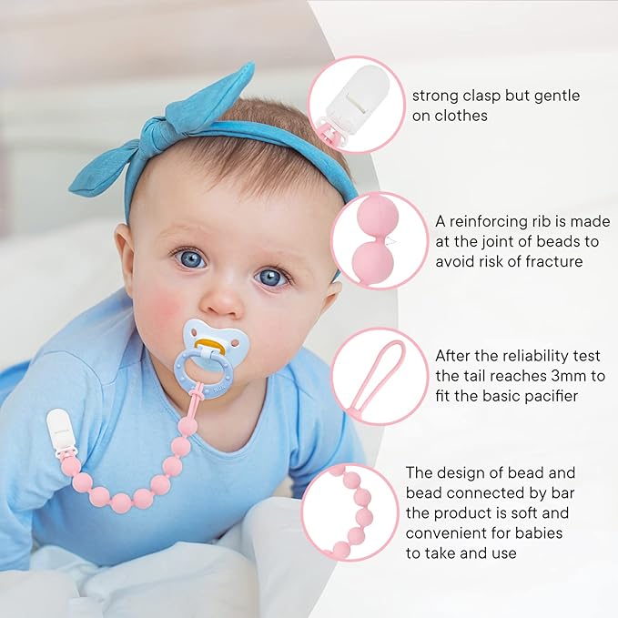 MINMUNJIU Baby Girl Newborn Essentials, 4 Pack Silicone Pacifier Clips for Girls, One Piece Flexible Soft Binky Clips Baby Stuff and Gifts for Girls