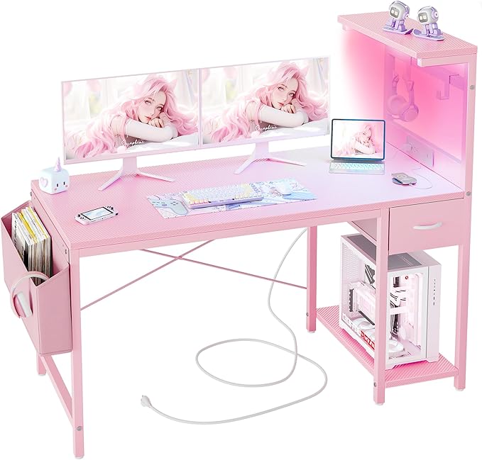 TIQLAB Gaming Desk 55 inch with Power Outlet and LED Light, Computer Desk with Reversible Shelves and Storage Drawer, Small PC Desk for Home Office Table with Bag, Carbon Fiber Pink