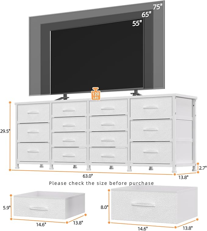 63 Inch TV Stand Dresser for Bedroom, Long White Dresser with 14 Fabric Drawers for 65 70 75 Inch TV, Entertainment Center with Storage Media TV Console Table
