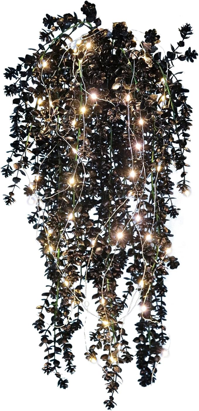 Black Hanging Flowers with Lights Faux Hanging Plants Black Artificial Hanging Plant Fake Greenery Faux Hanging Vines Plant for Indoor Outdoor Wedding Halloween Party Fall Wall Room Door Decor(Black)