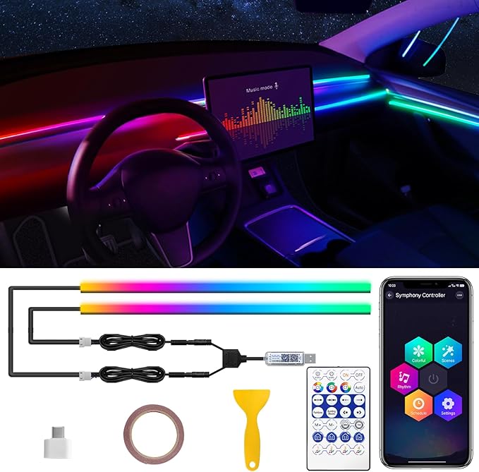 Dreamcolor Acrylic Interior Car LED Strip Light with USB/Type C, RGB 2 in 1 with 59.04 inches LED Strip, Dynamic Chasing Music Sync Neon Ambient Lighting Kits