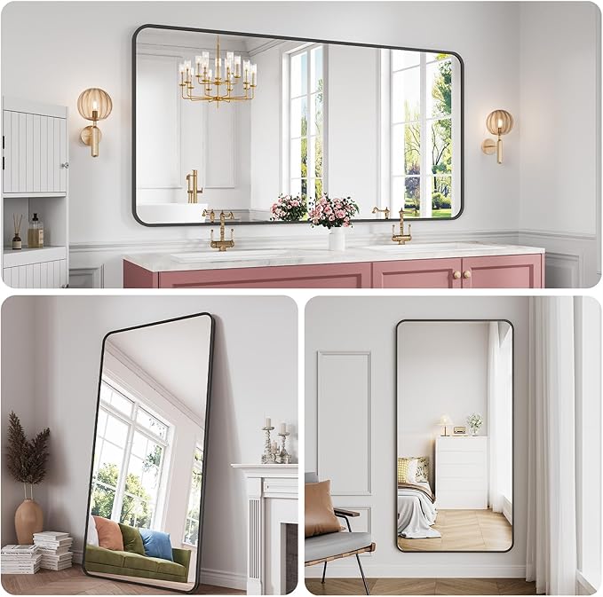 Koonmi Bathroom Mirror, 36X71 Inch Black Metal Framed Mirror for Bathroom, Tempered Glass, Anti-Rust, Rounded Rectangle Mirror for Restroom, Bedroom, Black