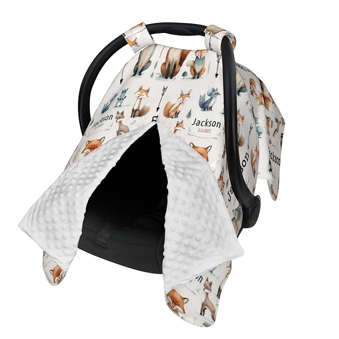 Personalized Winter Carseat Cover for Baby Custom Name Car Seat Canopy for Newborn Baby Boys Girls 2 in 1 Mom Nursing Breastfeeding Covers Woodland Minky Baby Carrier Stroller Covers