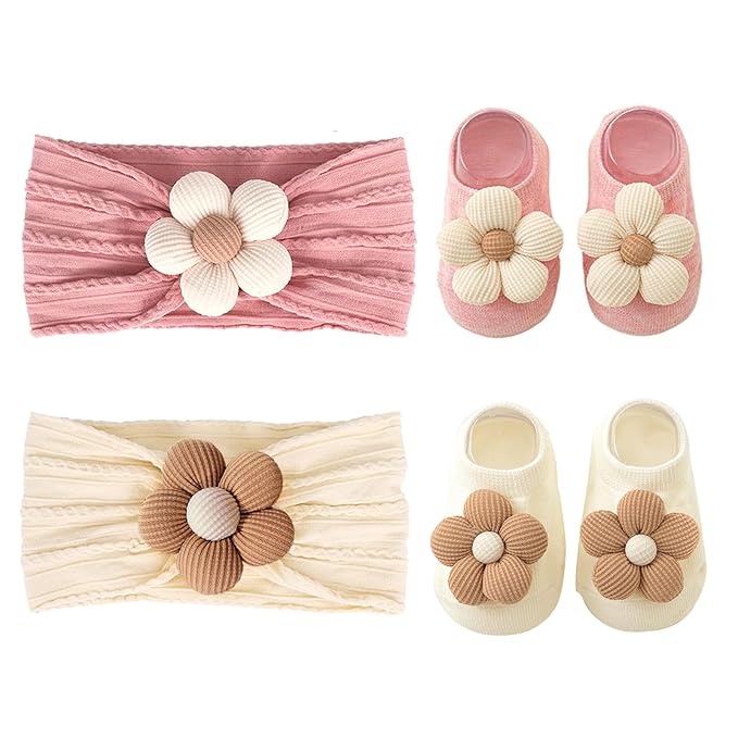 KEAINVRN Baby Girl Headbands and Socks,Non-Slip Grips Socks Flower Soft Hairbands Hair Accessories for Infant Toddler Kids (US, Age, 6 Months, 12 Months, pink beige)