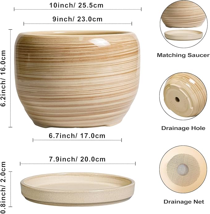 SQOWL Ceramic Plant Pot - 10 Inch Large Planter with Drainage Hole and Saucer, Round Modern Planter for Indoor Plant Outdoor, Decorative Ceramic Flower Pot, Porch Decor, Garden Gift for Women, Yellow