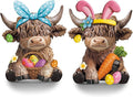Karenhi 2 Pcs Easter Highland Cow Figurines Bunny Eggs Basket Highland Cow Gnomes Pink Rabbit Scottish Resin Statue Calf Lovers Gifts for Spring Home Kitchen Office Tiered Tray Table Decor