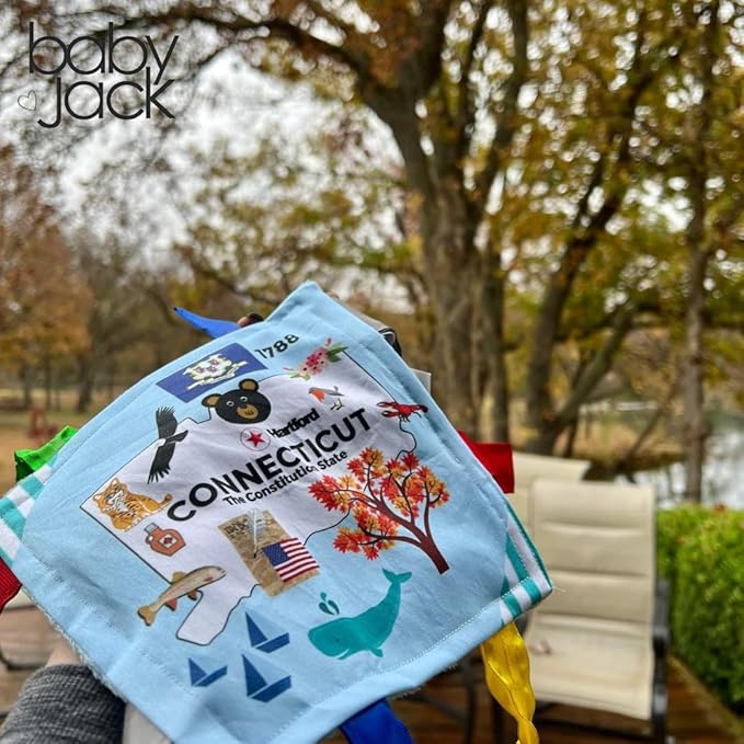 Baby Jack & Co 8x8” Learning Lovey Connecticut State Tag Stroller Toy for Babies - Crinkle Toys for Developing Five Senses - Learn About Capitals - Travel with Baby Jack - BPA Free Clip