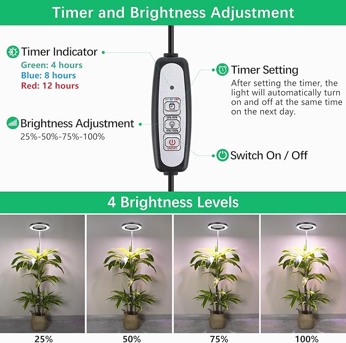 LORDEM Plant Grow Light, Full Spectrum Plant Light for Indoor Plants, Brightness Adjustable LED Growing Lamp with Auto On/Off Timer 4H/8H/12H, Height Adjustable, 2 Packs of Black