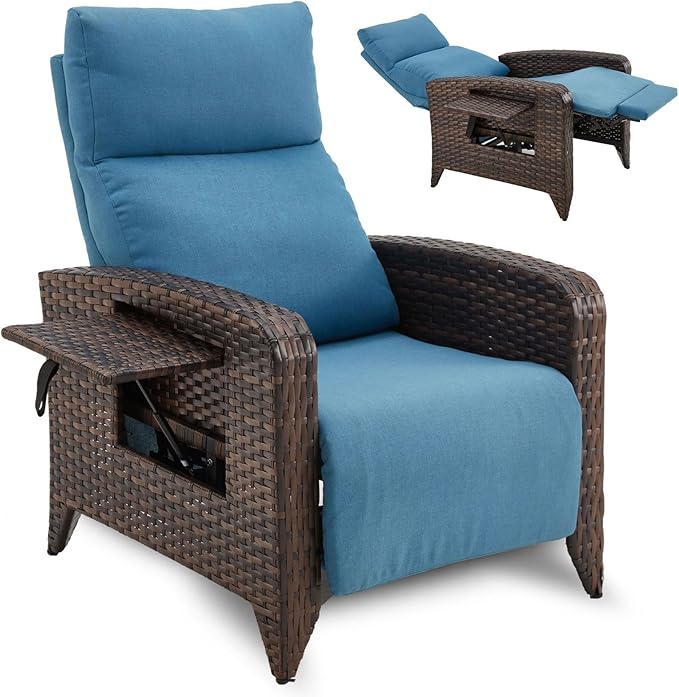 Upgraded Outdoor Recliner Chair, Reclining Patio Chairs with Adjustable Back up to 150°Lay Flat and Extended Footrest, Wicker Recliner Chairs with Flip Table and Removable Olefin Cushion