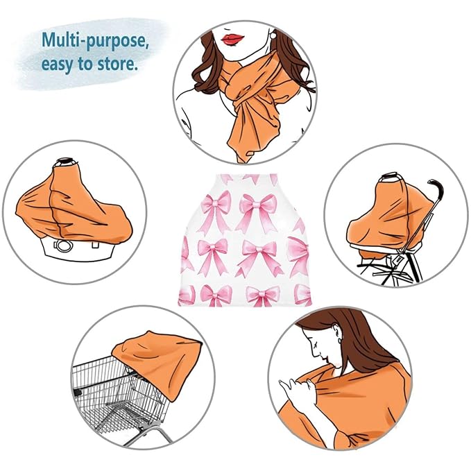 Pink Bows Stretchy Baby Car Seat Cover Soft Breathable Nursing Cover Breastfeeding Cover Multiuse Infant Carseat Stroller Cover for Girls and Boys