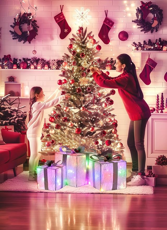 3 Pieces Foldable Christmas Decorations Lighted Gift Boxes, 12" 10" 8" with 60 Pre-Lit Mini String Lights，LED Xmas Gift Boxes with Bows for Tree Indoor Outdoor Holiday Party Yard Home Decor