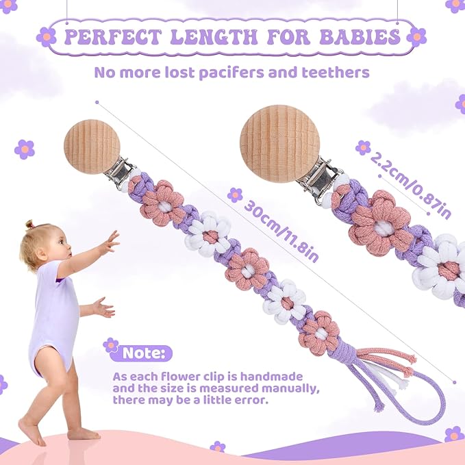 Pacifier Clip for Boys Girls Floral Daisy Macrame Baby Paci Clip Pacifier Holder Leash Boho Wooden Clips Handmade Braided Cotton Binky Clips (2pack:Lavender Style × 2)