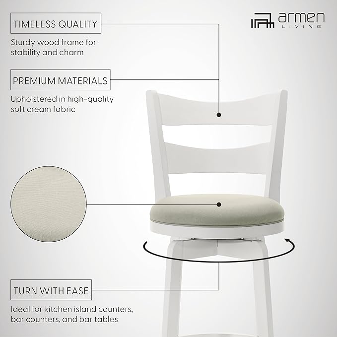 Armen Living Blair 26 in. Matte White Counter Height Rubberwood Swivel Barstool with Fog Fabric Seat - Set of 3
