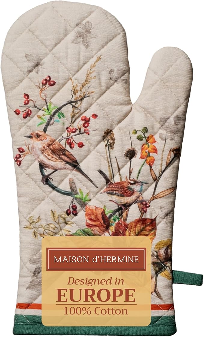 Maison d' Hermine Oven Gloves 100% Cotton Oven Mitt 7" x 13" with Loop Heat Resistant BBQ Cooking Gloves for Thanksgiving Christmas Decorations Baking Handling Hot Pans (Pack of 1, Recolte)