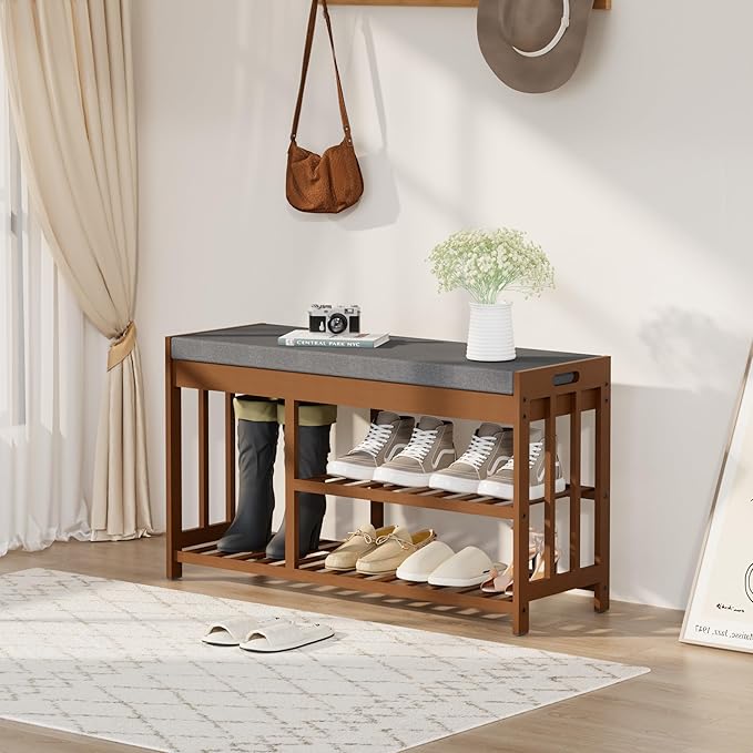 Shoe Rack Bench with Cushion,2 Tiers Shoe Bench with Flip-Top Storage,Wood Shoe Rack for Entryway, Hallway, Bedroom, Front Door Entrance (Brown)
