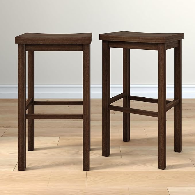 Grain & Grove Smith Collection Set of 2 Solid Wood Bar Stools, 30 inch Saddle-Seat Bar Chairs, Backless, Heavy-Duty Construction, Footrest Support, for Kitchen Islands, Home Bars, and Counters, Walnut