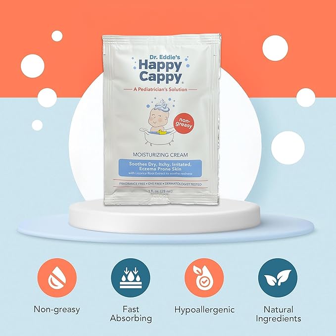 Happy Cappy Moisturizing Cream - Baby Cream for Eczema-Prone Skin, Dry Skin Lotion for Infants, Toddlers, & Kids, Pediatrician-Formulated, Sulfate Free - Travel-Size Packets, 1 Fl Oz (Pack of 8)
