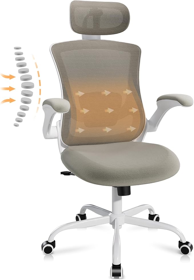 Ergonomic Office Chair with Adjustable Lumbar Support & Headrest, High Back Mesh Desk Chair with Flip-Up Armrests, Breathable & Comfortable Computer Chair for Home, Office & Study –Khaki