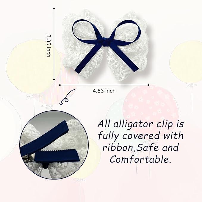 2pcs Navy Blue & White Lace Hair Bows, Alligator Bow Hair Clips, Handmade Hair Accessories