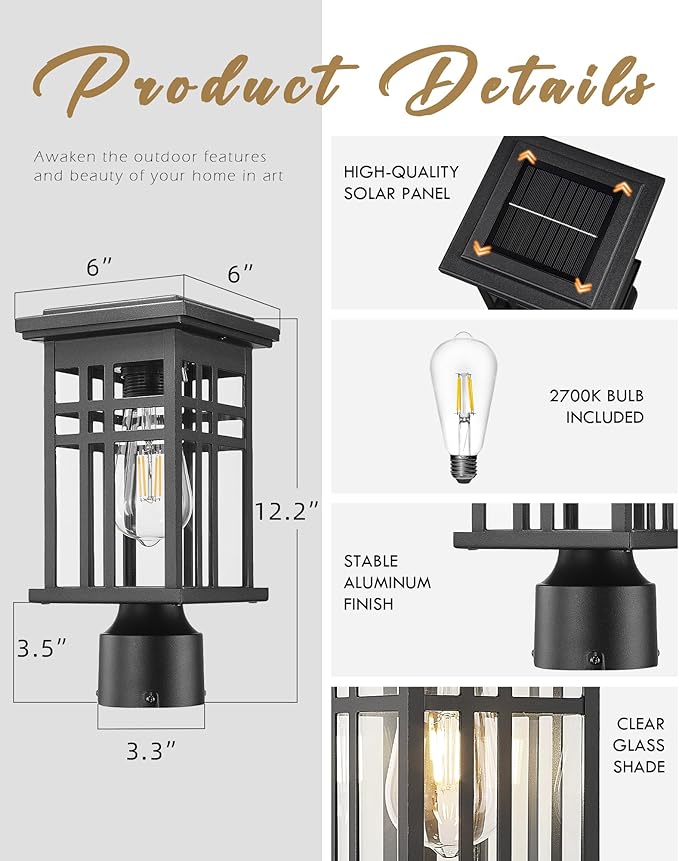 Solar Lamp Post Light, HWH 12 Inch Black Exterior Post Light for Yard Garden with Remote Control, Die-Cast Aluminum with Clear Glass Shade, 5HD36P SL BK