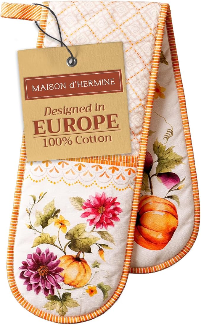 Maison d' Hermine Double Oven Mitt (7" x 35") 100% Cotton Heat Resistant BBQ Cooking Gloves with Loop for Thanksgiving Christmas Decorations Cooking Handling Hot Pan (Pumpkin Garden - Cloudy Cream)