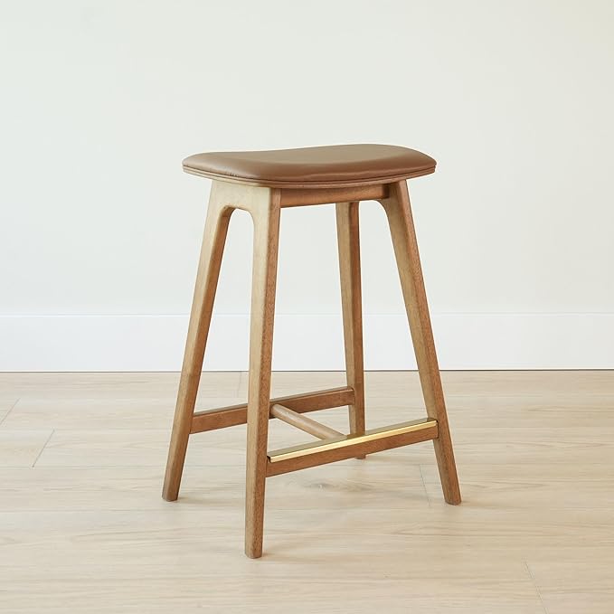 Plank+Beam Beryl Counter Height Stool - Mid-Century Modern Rubberwood Bar Stool with Faux Leather Seat, Metal Footrest, Easy Assembly, Pecan/Toffee