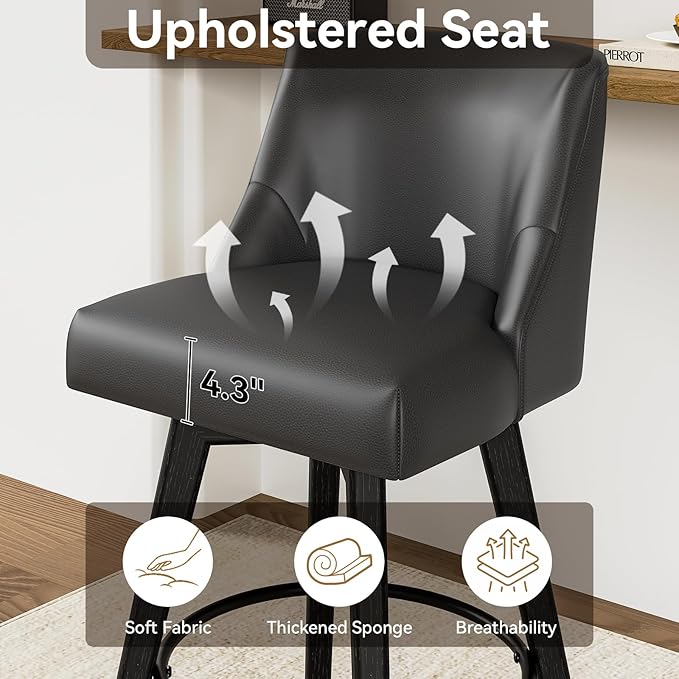 26.8 Inch Counter Height Bar Stools with Back, Swivel Bar Stools Set of 2, Modern Kitchen Barstools with Footrest, Faux Leather Upholstered Bar Chairs, Solid Wood Legs for Island, Pub, Black