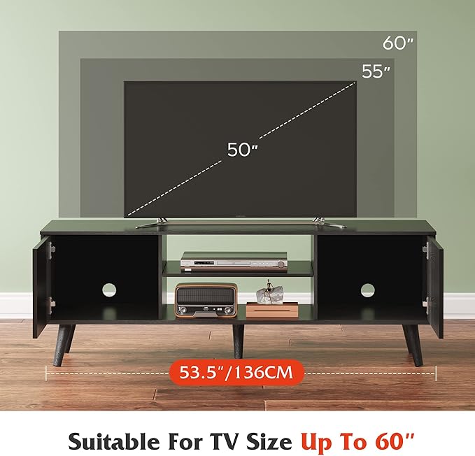WLIVE TV Stand for 55 60 inch TV, Entertainment Center with Storage Cabinets, Rustic TV Console for Living Room Decor, Black