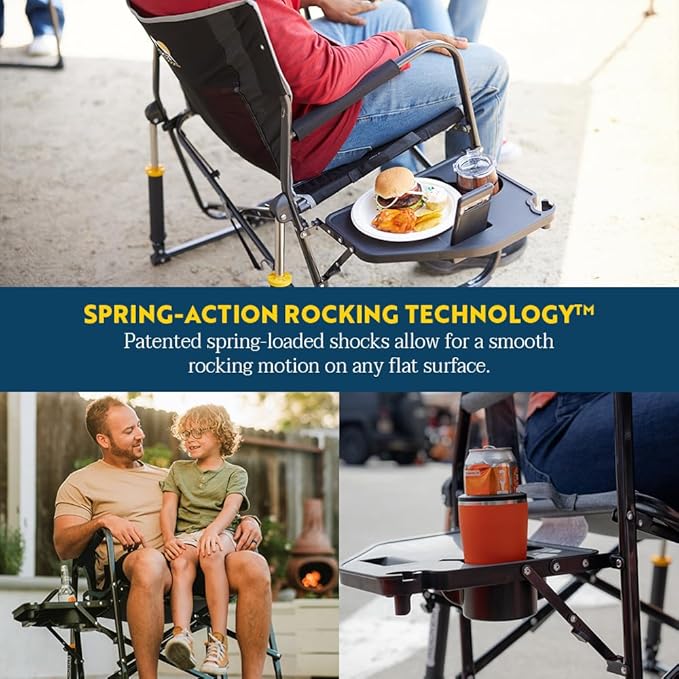 GCI OUTDOOR Freestyle Rocker XL with Side Table Camping Chair | Portable Folding Rocking Chair with Solid, Durable Armrests, Drink Holder & Comfortable Backrest — Red