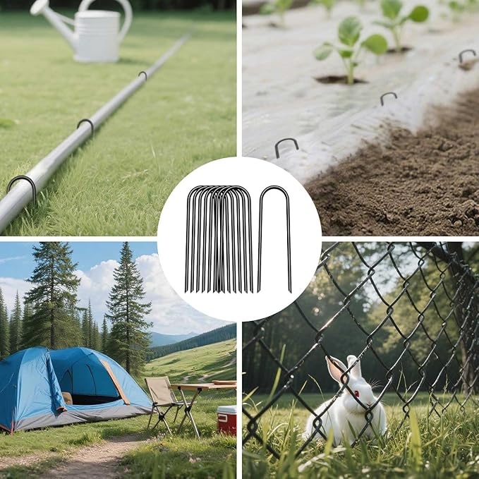6 inch 25 Pack U Shape Black Garden Stakes,11 Gauge Garden Pins,U-Shaped Tent Stakes,Galvanized Landscape Staples for Yard Lawn,Tube, Landscape Fabrics,Irrigation Hose and Weed Barriers.