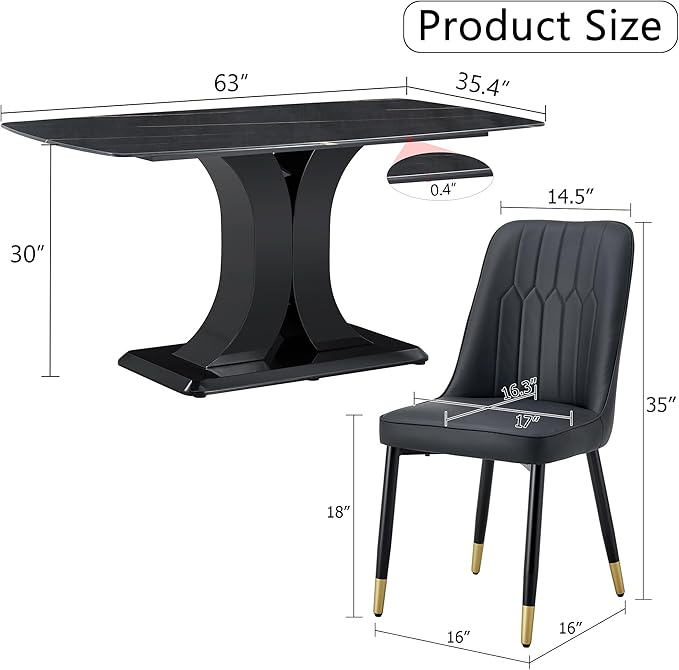 Modern Dining Table Set for 6, Marble Kitchen Table Chair Set for 6, Rectangular Kitchen Table with 6 Pu Leather Upholstered Chair for Dining Room (Black Table with 6 Black Chairs)