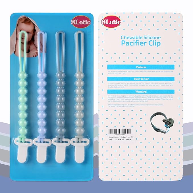 4-Pack Silicone Pacifier Clips with One-Piece Beads for Baby Boys and Girls - Flexible and Rust-Free Holders for Teething Relief and Baby Essentials, Safe for Newborns (Blue)