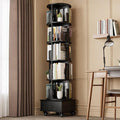 Solid Wood Rotating Bookshelf Tower on Wheels, 5-Tier Spinning Bookcase with Drawer, 72" Floor Standing Revolving Bookshelf, Rotating Bookcase for Small Space, Black