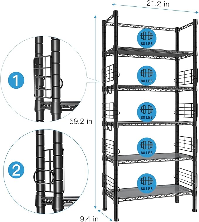 Metal Storage Rack, Storage Organizer Shelves for Kitchen, Bathroom, Living Room, Balcony and Garage, 5 Tiers Narrow Bookshelf, 21.2" W x 9.4" D x 59.2" H, Load 400lbs, Black