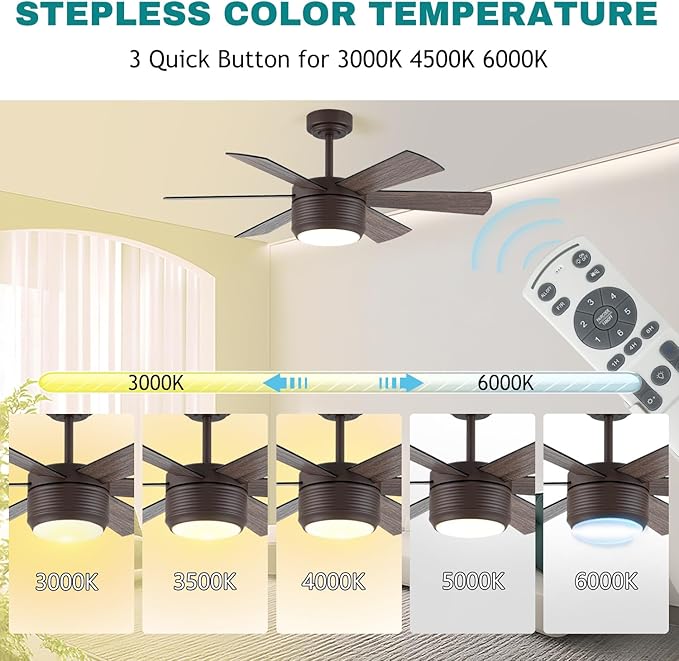 SHOWDI Ceiling Fan with Lights and Remote, 6 Blade App Control Timer Reversible Stepless Brightness and Color Temperature Outdoor Wood Ceiling Fan with Lights (Brown, 42 Inch)