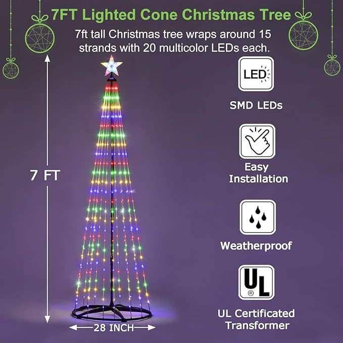 7 ft Lighted Outdoor Christmas Tree, 310 LEDs Pre-lit Christmas Cone Tree with Star Topper for Indoor and Outdoor Holiday Decorations (Multi Color)