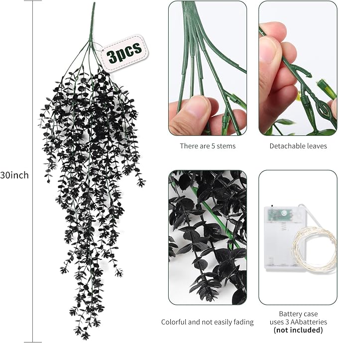 Black Hanging Flowers with Lights Faux Hanging Plants Black Artificial Hanging Plant Fake Greenery Faux Hanging Vines Plant for Indoor Outdoor Wedding Halloween Party Fall Wall Room Door Decor(Black)
